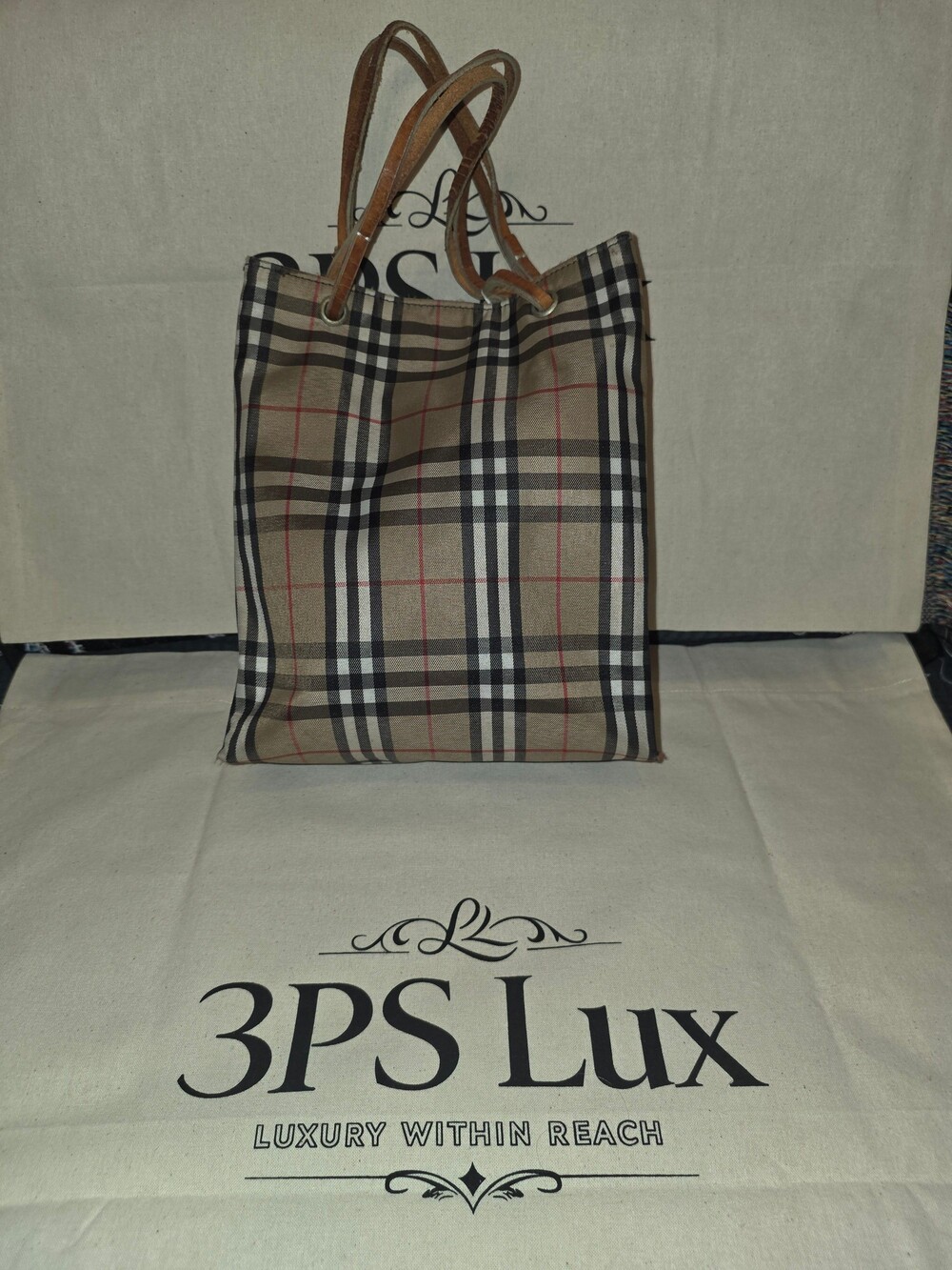 Burberry London Nova Check Tote Bag Tan Plaid Leather Handles